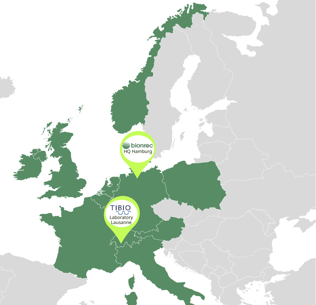 Map of Europe highlighting bionrec's operating countries, with pins for the Hamburg headquarters and the TIBIO laboratory in Lausanne